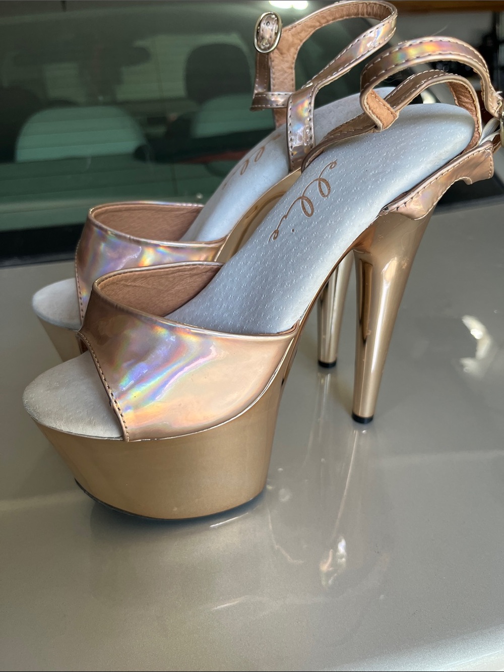 Ellie Iridescent Rose Gold Platform Heels with Ankle Strap